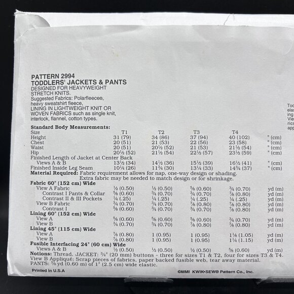 Kwik Sew 2994 “Toddlers' Jackets & Pants” (Size T1-T4) Sewing Pattern Uncut FF - Picture 3 of 5